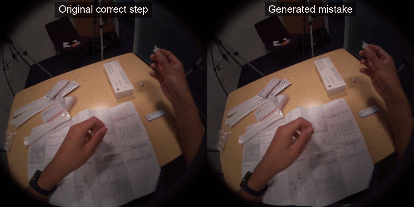 Side-by-side GIF: original correct COVID test step and generated wrong-execution clip.