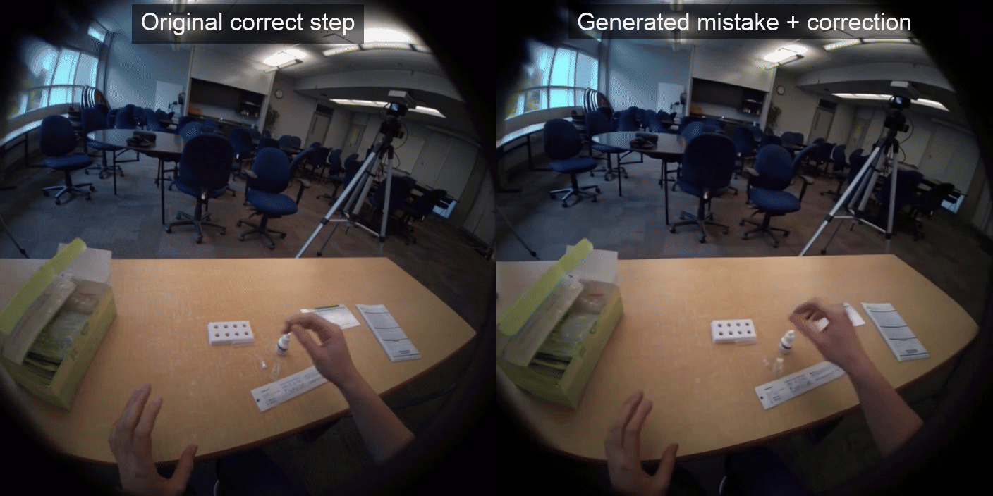 Side-by-side GIF: original correct instruction-reading step and generated mistake with correction.